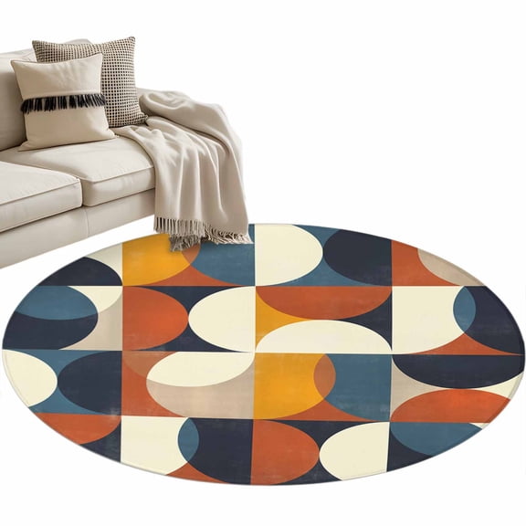 Round Area Rug 3ft Mid Century Geometric Floor Carpets Indoor Floor Area Mat Stain-Proof Mat Circle Rugs for Living Room Dining Room Kitchen Bedroom, Abstract Modern Sofa Throw Carpet