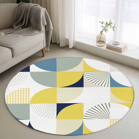 Round Area Rug 3ft Mid Century Geometric Splicing Art Area Rugs Washable Low Pile Floor Carpet for Bedroom, Circle Square with Stripe Dot Non Slip Soft Rugs for Living Room Entryway Dining Room