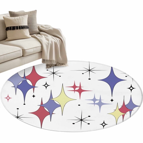Round Area Rug - 3ft Mid Century Rhombus Non Slip Washable Circle Carpet Soft Large Floor Rugs for Living Room Bedroom Nursery Office