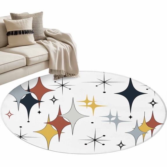 Round Area Rug - 3ft Mid Century Rhombus on White Non Slip Washable Circle Carpet Soft Large Floor Rugs for Living Room Bedroom Nursery Office
