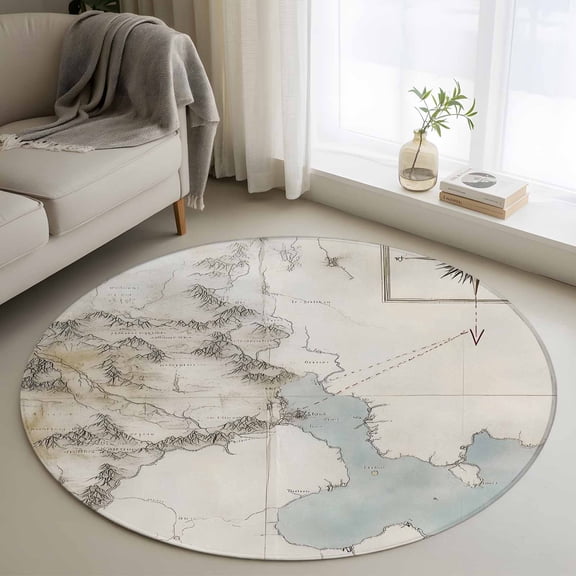 Round Area Rug 3ft, Middle Earth Map on Retro Non-Slip Non-Shedding Floor Mat, Abstract Mountain Blue Lake Washable Sturdy Carpet for Living Room Bedroom Home Decor
