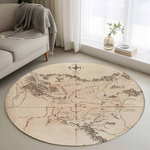 Round Area Rug 3ft, Middle Earth Map on Vintage Non-Slip Non-Shedding Floor Mat, Abstract Mountain Washable Sturdy Carpet for Living Room Bedroom Home Decor