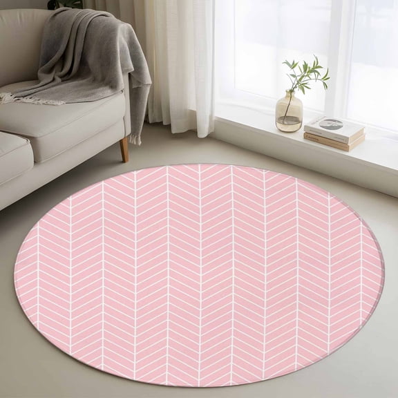 Round Area Rug 3ft,Minimalist Geometric Pink White Washable Carpet Non-Slip Runner Accent Rugs Indoor Floor Mat for Bedroom Living Room Decor,Herringbone Texture