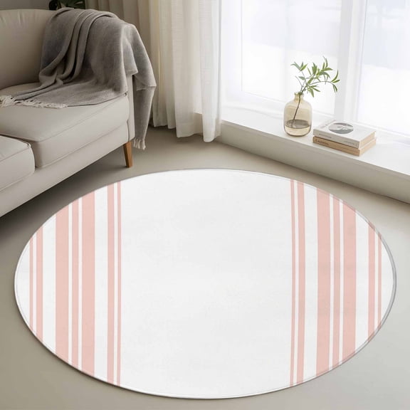 Round Area Rug 3ft, Minimalist Pink Striped Line on White Non-Slip Non-Shedding Floor Mat, Vertical Lines Washable Sturdy Carpet for Living Room Bedroom Home Decor