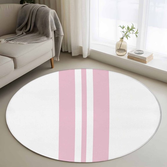 Round Area Rug 3ft,Minimalist Pink Stripes Washable Carpet Non-Slip Runner Accent Rugs Indoor Floor Mat for Bedroom Living Room Decor,Lines on White