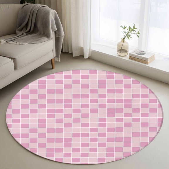 Round Area Rug 3ft Modern Geometric Square Lattice Area Rugs Washable Low Pile Floor Carpet for Bedroom, Pink Buffalo Checker Ombre Non Slip Soft Rugs for Living Room Entryway Dining Room