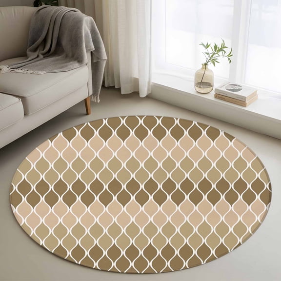 Round Area Rug 3ft, Modern Ombre Brown Chevron Non-Slip Non-Shedding Floor Mat, Vintage Curve Washable Sturdy Carpet for Living Room Bedroom Home Decor