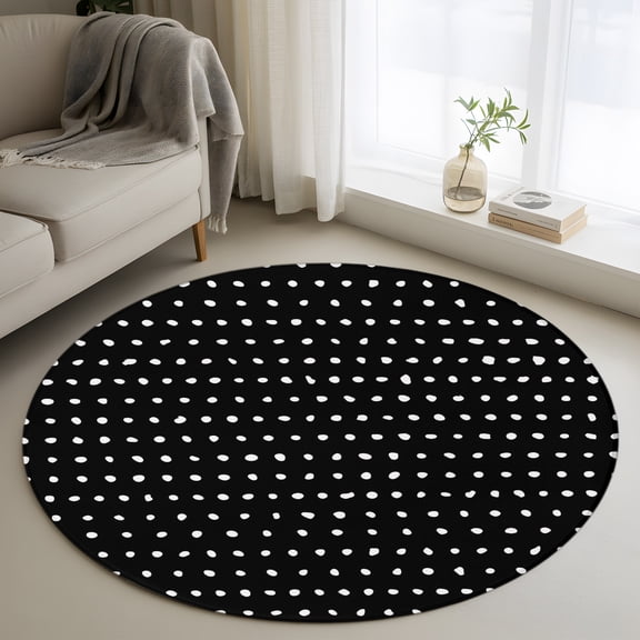 Round Area Rug 3ft Modern White Polka Dot on Black Area Rugs Washable Low Pile Floor Carpet for Bedroom, Abstract Geometric Style Non Slip Soft Rugs for Living Room Entryway Dining Room