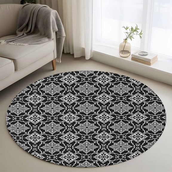 Round Area Rug 3ft Moroccan Classical Rhombus Pattern Area Rugs Washable Low Pile Floor Carpet for Bedroom, Kaleidoscope Abstract Art Non Slip Soft Rugs for Living Room Entryway Dining Room