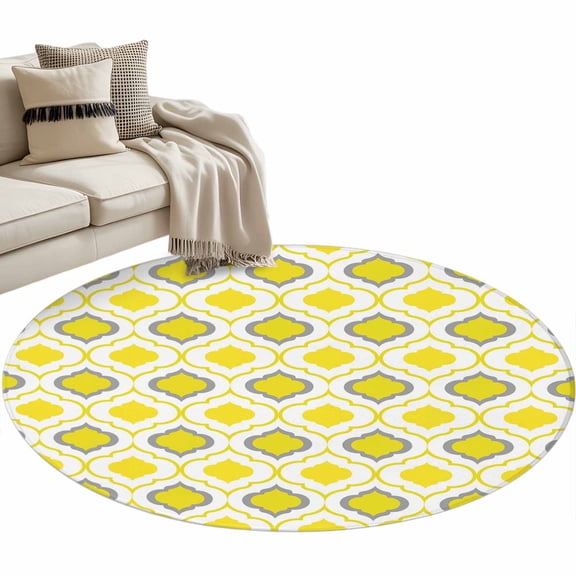 Round Area Rug 3ft Moroccan Pattern Floor Carpets Indoor Floor Area Mat Stain-Proof Mat Circle Rugs for Living Room Dining Room Kitchen Bedroom, Geometric Trellis Yellow Grey Sofa Throw Carpet