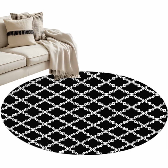 Round Area Rug 3ft Moroccan Pattern Floor Carpets Indoor Floor Area Mat Stain-Proof Mat Circle Rugs for Living Room Dining Room Kitchen Bedroom, Geometric Trellis Black Sofa Throw Carpet