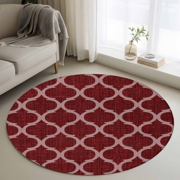 Round Area Rug 3ft, Moroccan Red Geometric Lattice Non-Slip Non-Shedding Floor Mat, Retro Medieval Pattern Washable Sturdy Carpet for Living Room Bedroom Home Decor