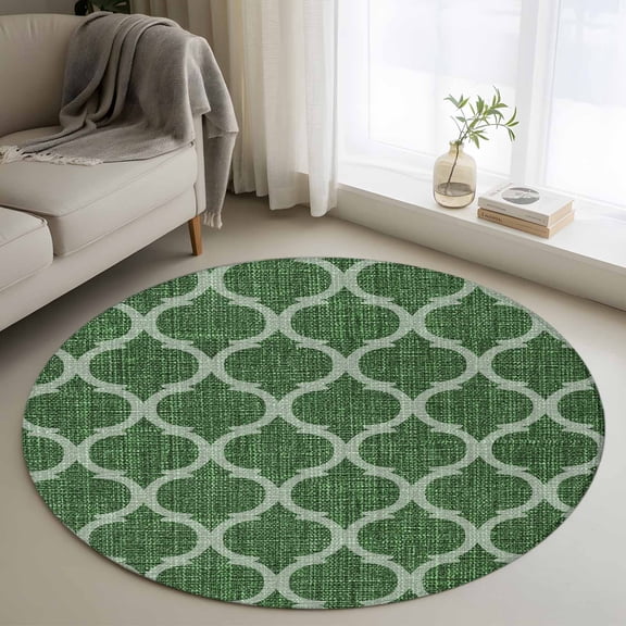 Round Area Rug 3ft Moroccan Texture Floor Carpets Indoor Floor Area Mat Stain-Proof Mat Circle Rugs for Living Room Dining Room Kitchen Bedroom, Retro Dark Green Linen Sofa Throw Carpet