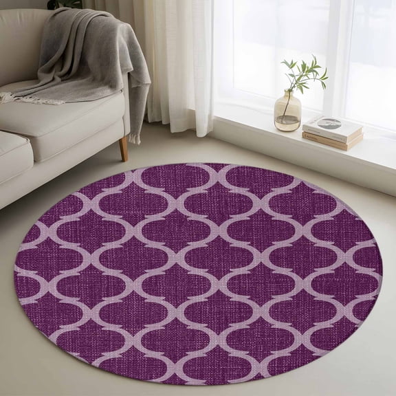 Round Area Rug 3ft Moroccan Texture Floor Carpets Indoor Floor Area Mat Stain-Proof Mat Circle Rugs for Living Room Dining Room Kitchen Bedroom, Retro Purple Linen Sofa Throw Carpet
