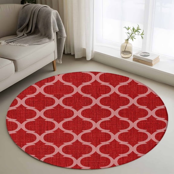 Round Area Rug 3ft Moroccan Texture Floor Carpets Indoor Floor Area Mat Stain-Proof Mat Circle Rugs for Living Room Dining Room Kitchen Bedroom, Retro Red Linen Sofa Throw Carpet