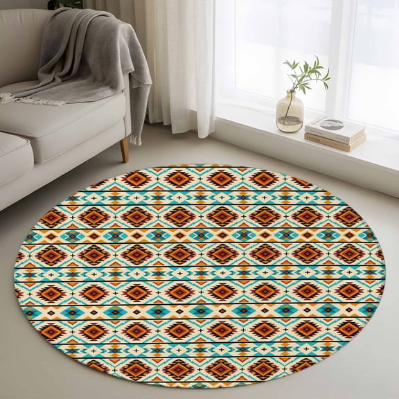 Round Area Rug 3ft Morocco Abstract Tribal Texture Area Rugs Washable Low Pile Floor Carpet for Bedroom, Ethnic Geometric Square Art Non Slip Soft Rugs for Living Room Entryway Dining Room