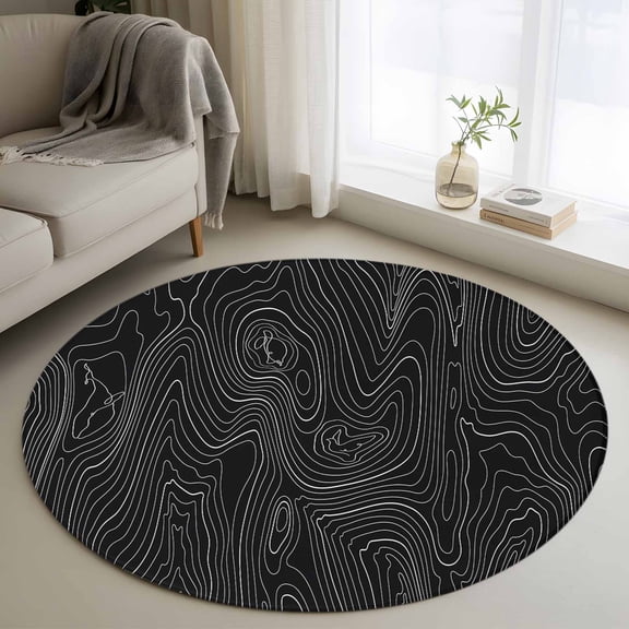 Round Area Rug 3ft, Mountain Geography Terrain Art Non-Slip Non-Shedding Floor Mat, Circular Geometric Line on Black Washable Sturdy Carpet for Living Room Bedroom Home Decor
