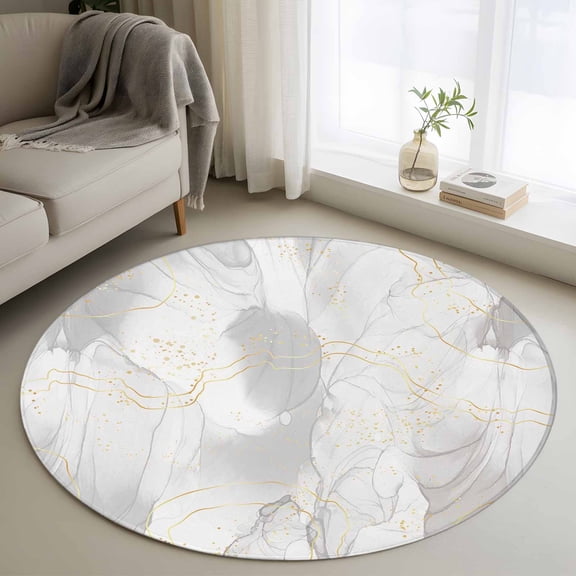 Round Area Rug 3ft,Natural White Grey Marble Stone Washable Carpet Non-Slip Runner Accent Rugs Indoor Floor Mat for Bedroom Living Room Decor,Abstract Agate Gold Stripe