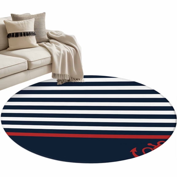Round Area Rug 3ft Nautical Anchor Floor Carpets Indoor Floor Area Mat Stain-Proof Mat Circle Rugs for Living Room Dining Room Kitchen Bedroom, Geometric Navy Blue Stripes Sofa Throw Carpet
