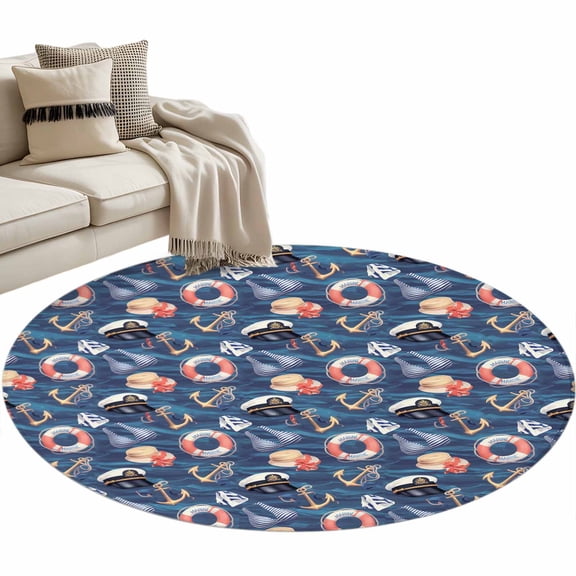 Round Area Rug 3ft, Nautical Anchor Swimsuit Navy Cap Seamless Non-Slip Non-Shedding Floor Mat, Navy Blue Ocean Washable Sturdy Carpet for Living Room Bedroom Home Decor