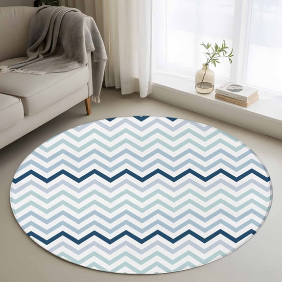 Round Area Rug 3ft,Nautical Blue Herringbone Washable Carpet Non-Slip Runner Accent Rugs Indoor Floor Mat for Bedroom Living Room Decor,Abstract Geometric Wavy Lines
