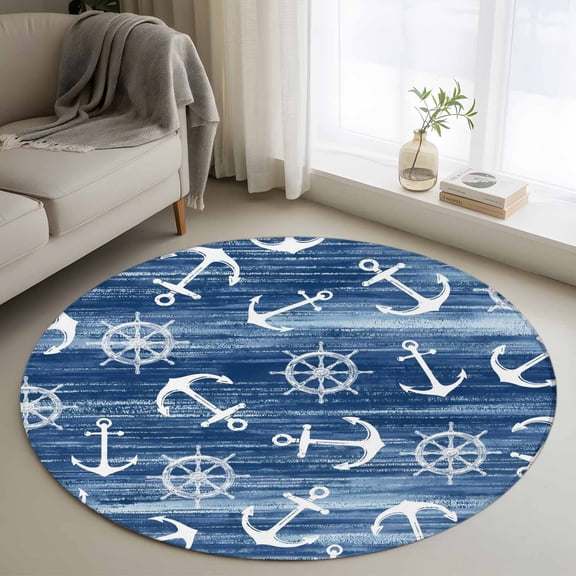 Round Area Rug 3ft, Nautical Compass Anchor Non-Slip Non-Shedding Floor Mat, Coastal Ocean Blue Theme Washable Sturdy Carpet for Living Room Bedroom Home Decor