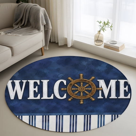 Round Area Rug 3ft, Nautical Compass Welcome Text Non-Slip Non-Shedding Floor Mat, Coastal Navy Blue Stripe Washable Sturdy Carpet for Living Room Bedroom Home Decor