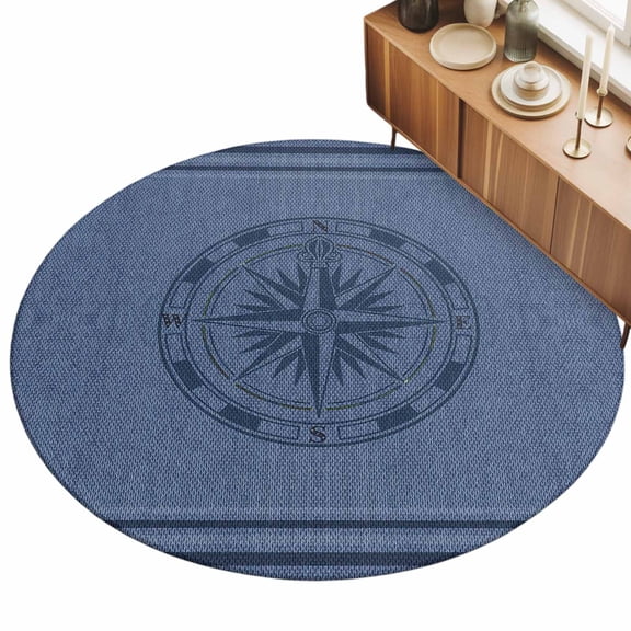 Round Area Rug - 3ft Nautical Marine Compass Texture Non Slip Washable Circle Carpet Soft Large Floor Rugs for Living Room Bedroom Nursery Office