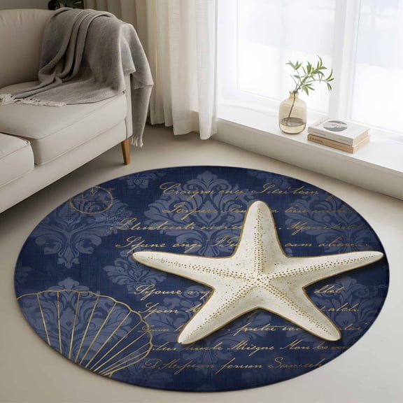 Round Area Rug 3ft, Nautical Retro Starfish Shells Non-Slip Non-Shedding Floor Mat, Deep Blue Ocean Washable Sturdy Carpet for Living Room Bedroom Home Decor