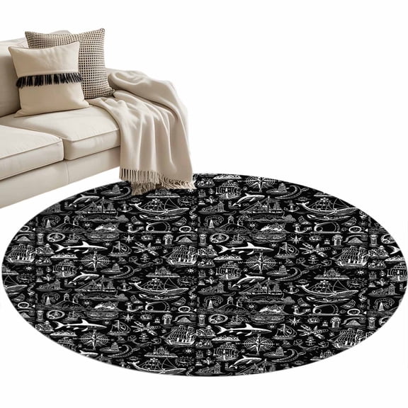 Round Area Rug 3ft Navigation Anchor Sailboat Floor Carpets Indoor Floor Area Mat Stain-Proof Mat Circle Rugs for Living Room Dining Room Kitchen Bedroom, Black Compass Map Sofa Throw Carpet