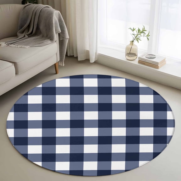 Round Area Rug 3ft, Navy Blue Check Non-slip Area Rugs for Living Room/Bedroom/Bathroom/Kitchen, Farmhouse Buffalo Plaid Blue Washable Throw Floor Mat Indoor Outdoor Entrance Doormat
