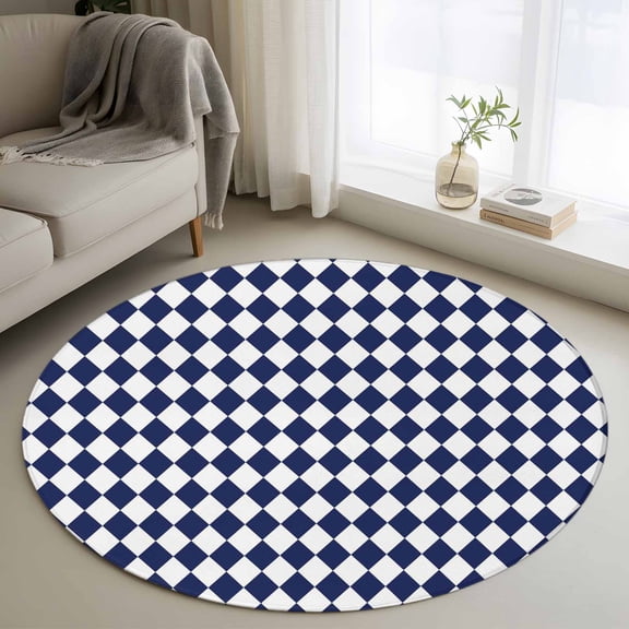 Round Area Rug 3ft Navy Blue Diamond Plaid Floor Carpets Indoor Floor Area Mat Stain-Proof Mat Circle Rugs for Living Room Dining Room Kitchen Bedroom, White Geometric Check Sofa Throw Carpet