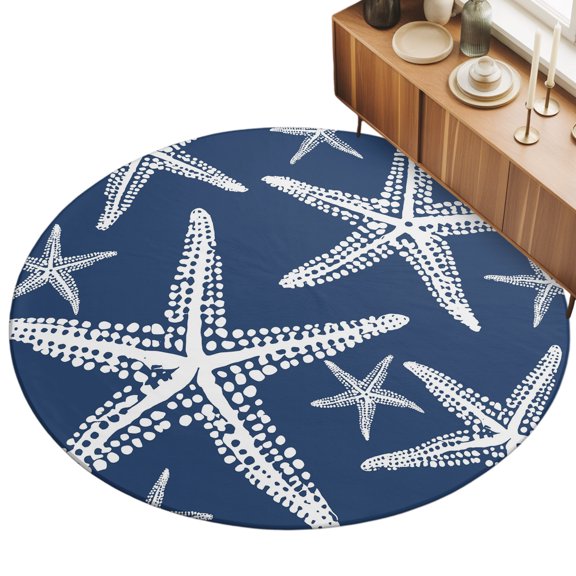 Round Area Rug 3ft Navy Blue Ocean Starfish Floor Carpets Indoor Floor Area Mat Stain-Proof Mat Circle Rugs for Living Room Dining Room Kitchen Bedroom, Summer Beach Coastal Sofa Throw Carpet