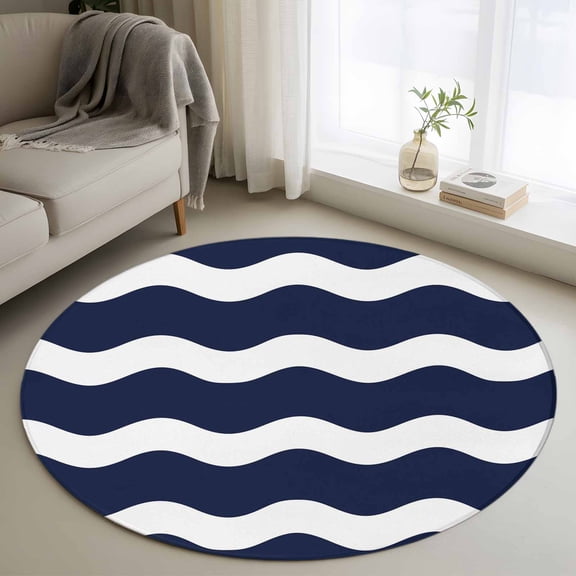 Round Area Rug 3ft, Navy Blue White Waves Ripple Non-Slip Non-Shedding Floor Mat, Zigzag Abstract Geometric Art Washable Sturdy Carpet for Living Room Bedroom Home Decor
