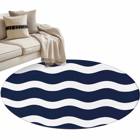 Round Area Rug-3ft Navy Blue White Waves Ripple Non Slip Washable Circle Carpet Soft Large Floor Rugs for Living Room Bedroom Nursery Office