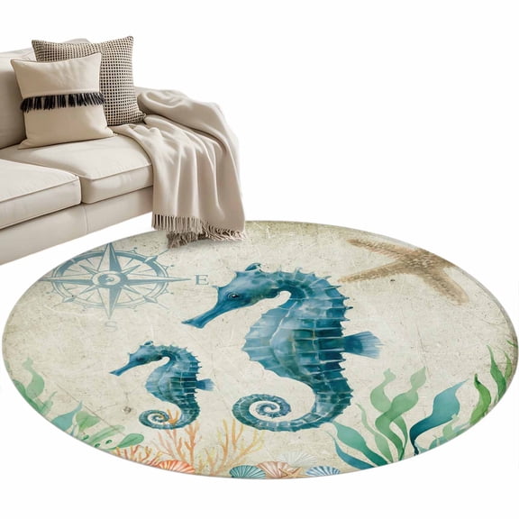 Round Area Rug-3ft Ocean Marine Life Seahorse Non Slip Washable Circle Carpet Soft Large Floor Rugs for Living Room Bedroom Nursery Office
