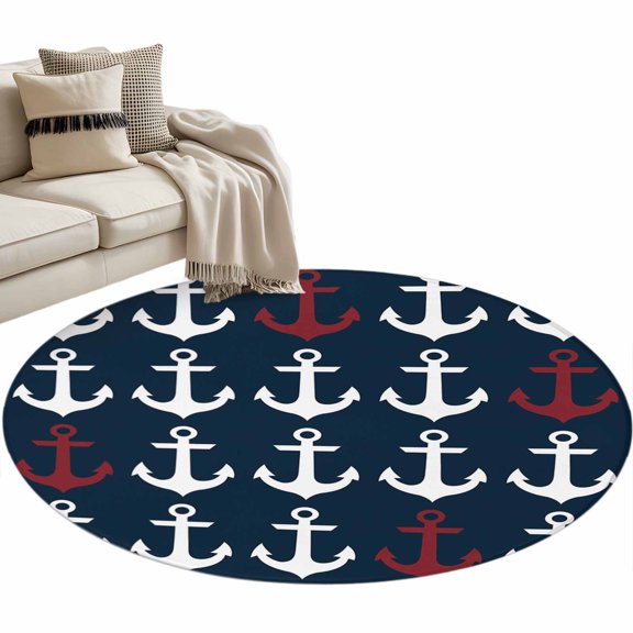 Round Area Rug-3ft Ocean Nautical White and Red Ship's Anchor Non Slip Washable Circle Carpet Soft Large Floor Rugs for Living Room Bedroom Nursery Office