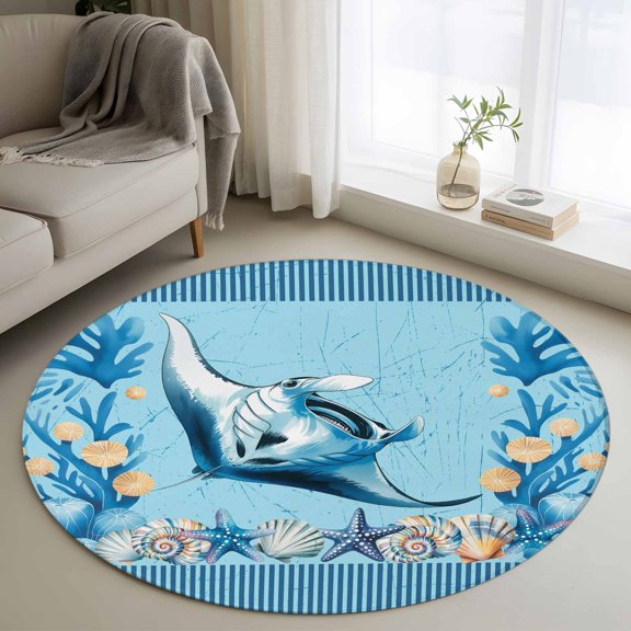 Round Area Rug 3ft,Oceans Devilfish Sea Stars Washable Carpet Non-Slip Runner Accent Rugs Indoor Floor Mat for Bedroom Living Room Decor,Shells Blue Striped