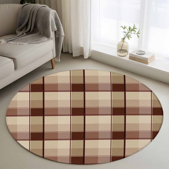 Round Area Rug 3ft Orange Buffalo Plaid Floor Carpets Indoor Floor Area Mat Stain-Proof Mat Circle Rugs for Living Room Dining Room Kitchen Bedroom, Brown Geometric Check Sofa Throw Carpet