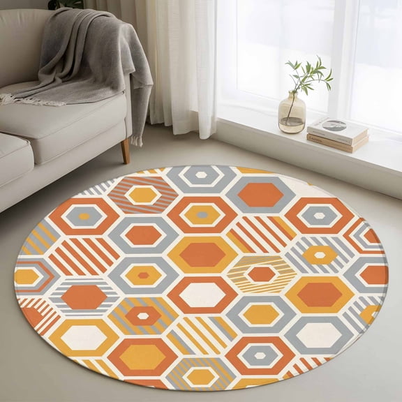 Round Area Rug 3ft Orange Gray Hexagon Floor Carpets Indoor Floor Area Mat Stain-Proof Mat Circle Rugs for Living Room Dining Room Kitchen Bedroom, Abstract Geometric Art Sofa Throw Carpet