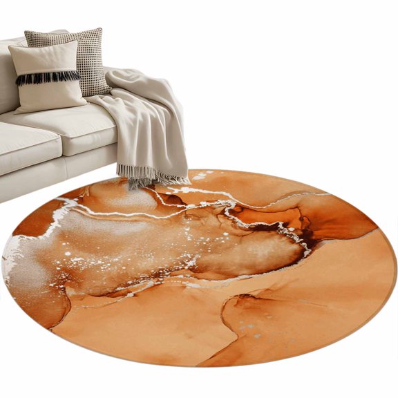 Round Area Rug 3ft Orange Marble Floor Carpets Indoor Floor Area Mat Stain-Proof Mat Circle Rugs for Living Room Dining Room Kitchen Bedroom, Abstract Waves Cloud Sofa Throw Carpet