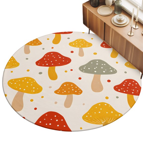 Round Area Rug 3ft Orange Mushrooms Floor Carpets Indoor Floor Area Mat Stain-Proof Mat Circle Rugs for Living Room Dining Room Kitchen Bedroom, Modern Polka Dots Sofa Throw Carpet