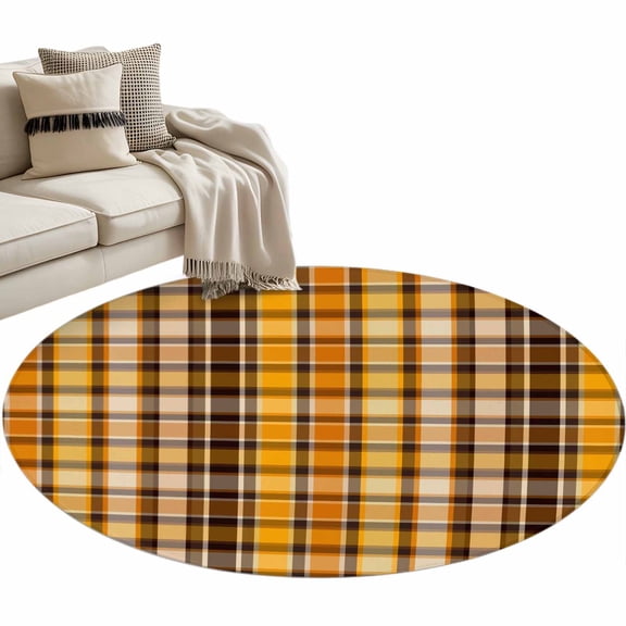 Round Area Rug 3ft Orange Yellow Buffalo Plaid Floor Carpets Indoor Floor Area Mat Stain-Proof Mat Circle Rugs for Living Room Dining Room Kitchen Bedroom, Classic Check Sofa Throw Carpet