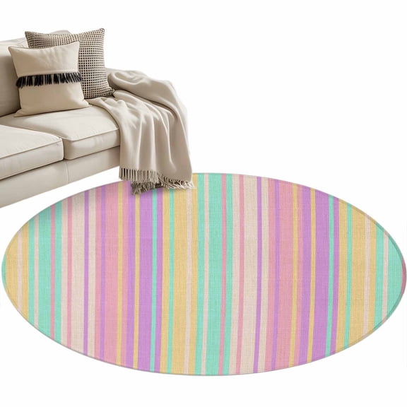 Round Area Rug - 3ft Pastel Colors Vertically Striped Non Slip Washable Circle Carpet Soft Large Floor Rugs for Living Room Bedroom Nursery Office