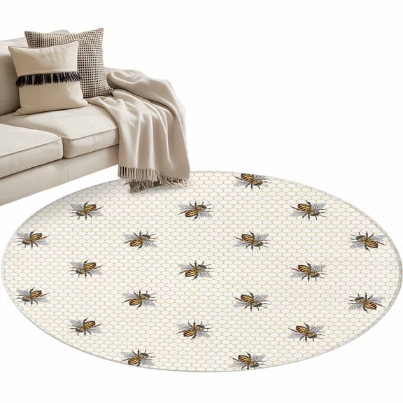 Round Area Rug-3ft Pastoral Farm Bee Honeycomb Non Slip Washable Circle Carpet Soft Large Floor Rugs for Living Room Bedroom Nursery Office