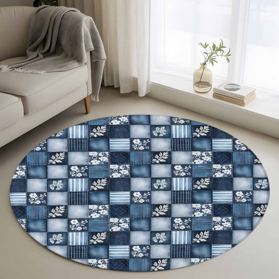 Round Area Rug 3ft,Pastoral Flower Floral on Retro Washable Carpet Non-Slip Runner Accent Rugs Indoor Floor Mat for Bedroom Living Room Decor,Blue Striped Checkered