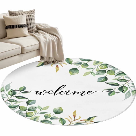 Round Area Rug 3ft, Pastoral Green Eucalyptus Leaves Non-Slip Non-Shedding Floor Mat, Welcome Text Washable Sturdy Carpet for Living Room Bedroom Home Decor