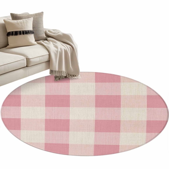Round Area Rug - 3ft Pastoral Pink Gingham Check Non Slip Washable Circle Carpet Soft Large Floor Rugs for Living Room Bedroom Nursery Office