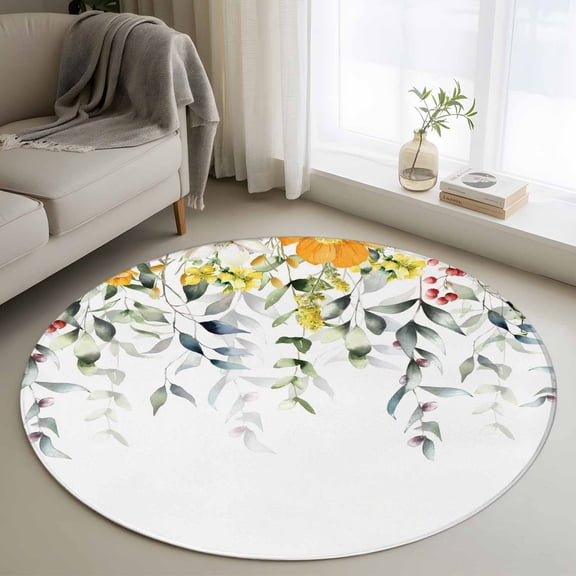 Round Area Rug 3ft, Pastoral Style Green Leaves Non-Slip Non-Shedding Floor Mat, Spring Yellow Flower on White Washable Sturdy Carpet for Living Room Bedroom Home Decor