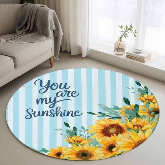 Round Area Rug 3ft, Pastoral Sunflower Blue Stripes Non-Slip Non-Shedding Floor Mat, You Are My Sunshine Quote Washable Sturdy Carpet for Living Room Bedroom Home Decor